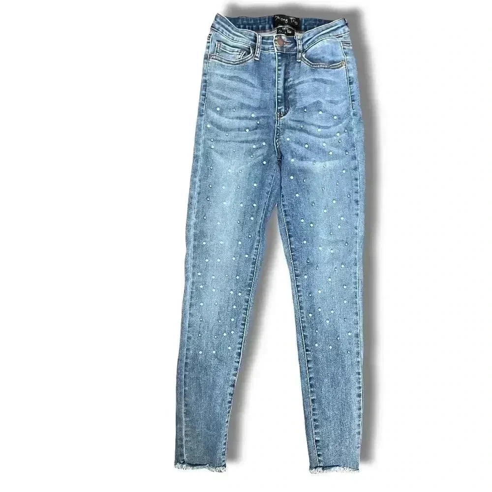 Skinny Fries Jeans Size 07 Blue Rhinestone Pearl Distressed Raw Hem Denim - Picture 2 of 9